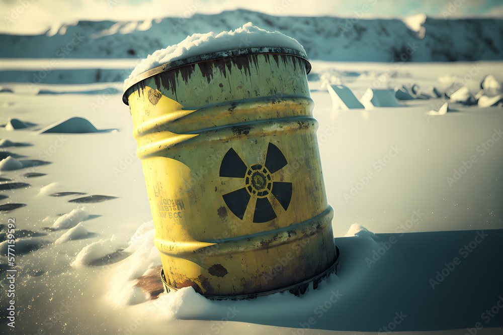 Yellow barrels for radiation stands in frozen snow. Concept disposal of radioactive waste in