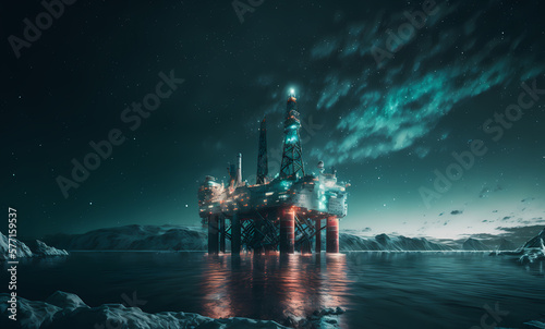 Banner Offshore petroleum platform oil rig and gas at cold frozen sea water, Northern Lights aurora. Concept development of Arctic underwater shelf. Generation AI
