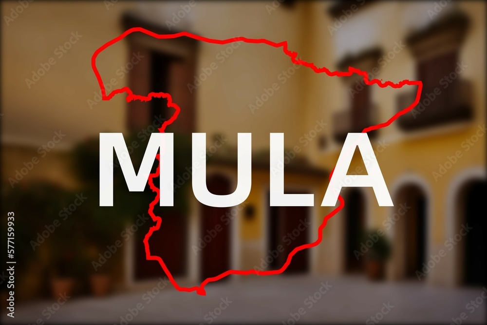 Mula Der Name der spanischen Stadt Mula in der Region Murcia vor einem