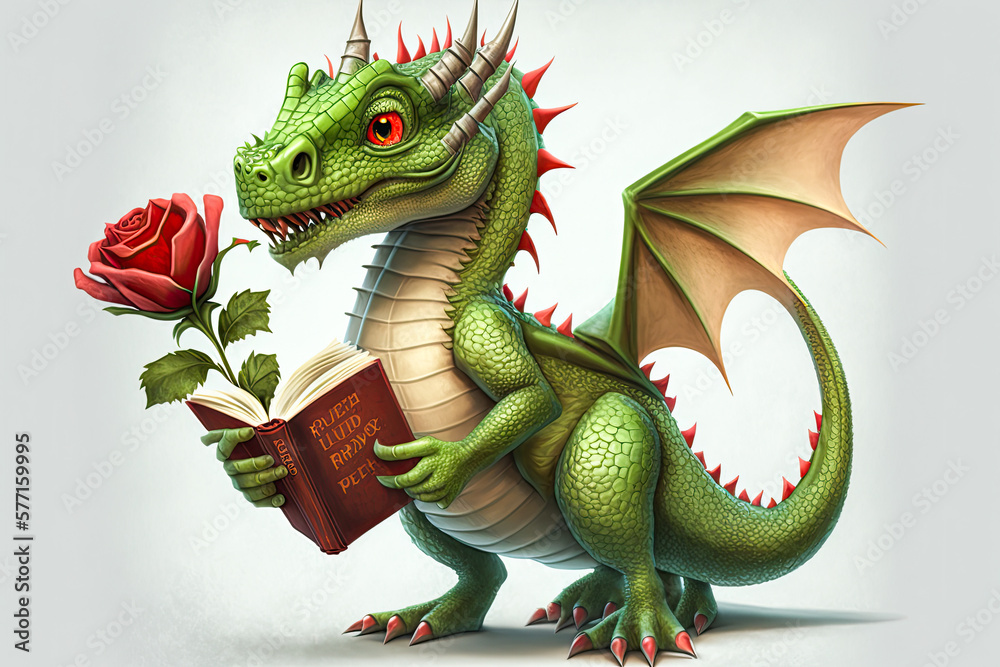Obraz premium Diada de Sant Jordi a Catalunya. Cute green dragon with a book and a red rose. Book Day illustration traditional. Dia dels enamorats. Generative AI.