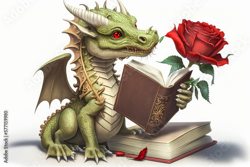 Diada de Sant Jordi a Catalunya. Cute green dragon with a book and a red rose. Book Day illustration traditional. Dia dels enamorats. Generative AI. © Clàudia Ayuso