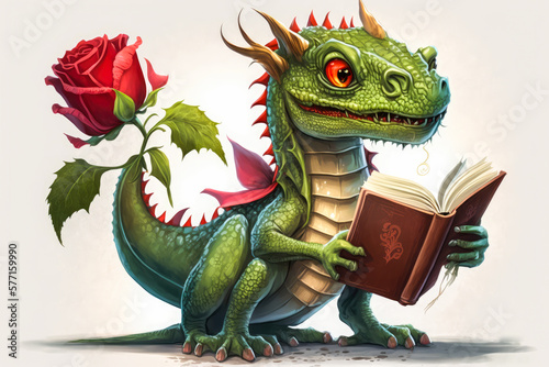 Diada de Sant Jordi a Catalunya. Cute green dragon with a book and a red rose. Book Day illustration traditional. Dia dels enamorats. Generative AI.