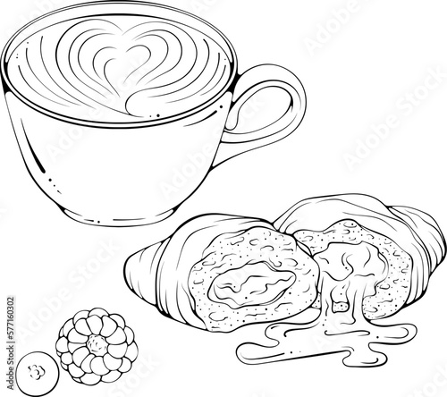 Cup of coffee with broken croissant and berries. Vector illustration in hand drawn sketch doodle style. Line art close up beverage isolated on white. Still life classic french breakfast