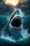 Massive Megalodon Shark Breaching Surface in Epic Scene Generative AI