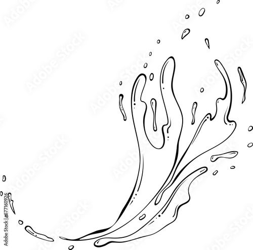 Rounded splashes of water or paint. Spray of fountain. Vector illustration in hand drawn sketch doodle style. Line art liquid with drops isolated on white. Splash water motion