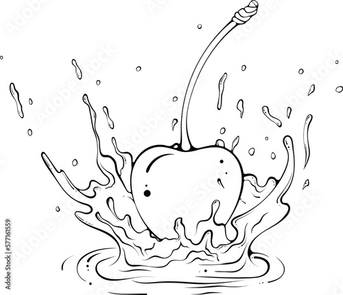 Whole cherry with juice or water splash. Liquid drops. Vector illustration in hand drawn sketch doodle style. Line art ingredient for fresh juice isolated on white. Close up fruit. Coloring book page