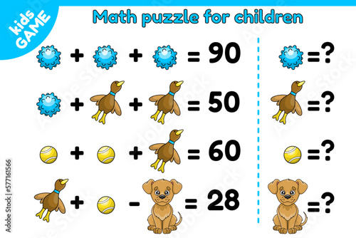 Math puzzle for children. Educational game for preschool and school kids. Logical exercises for training brain. Calculate numbers. Study algebra. Cartoon dog toys and puppy. Vector illustrations.