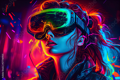Girl using VR goggles in colorful neon lights, having fun. Wearable virtual augmented reality digital innovation technology concept. High quality illustration