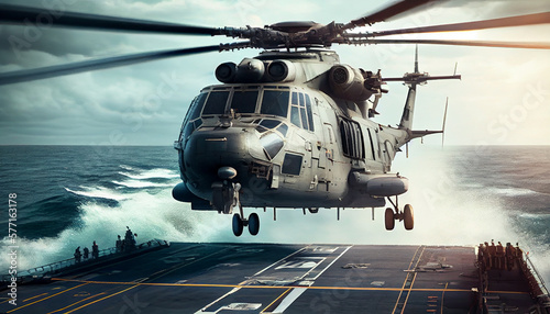 Fotografiet Navy helicopter landing on warship
