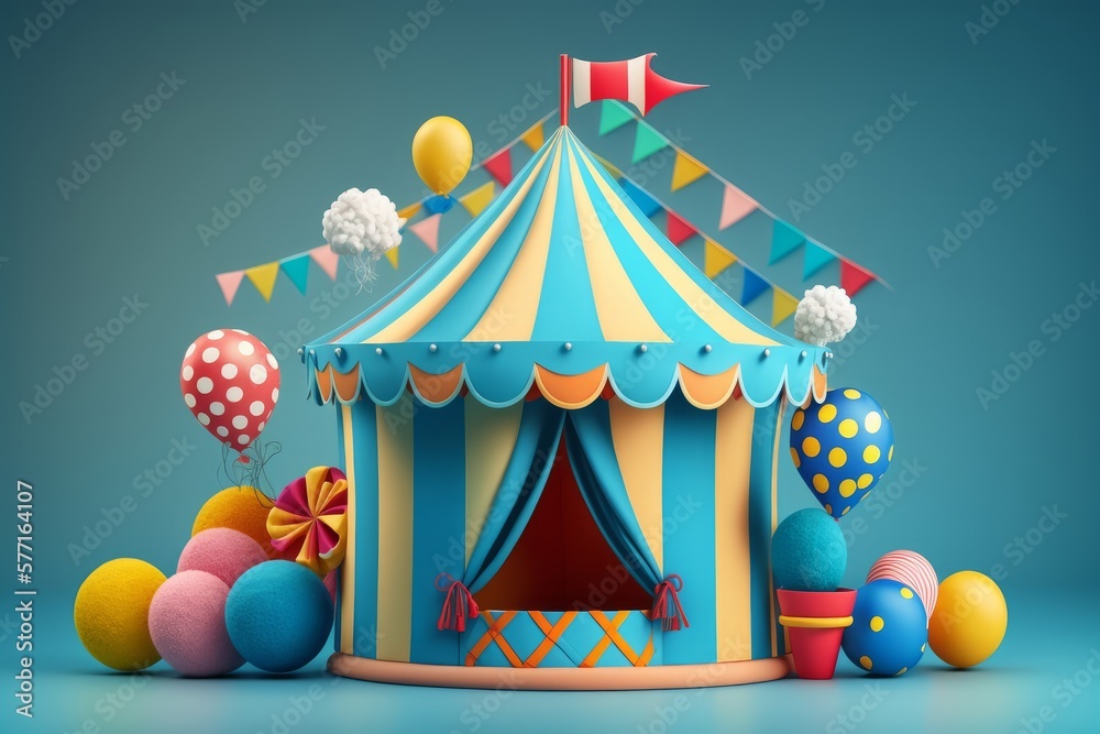 Circus tent with balloons and confetti on blue background Generative AI Circus tent with balloons and confetti on blue background Generative AI