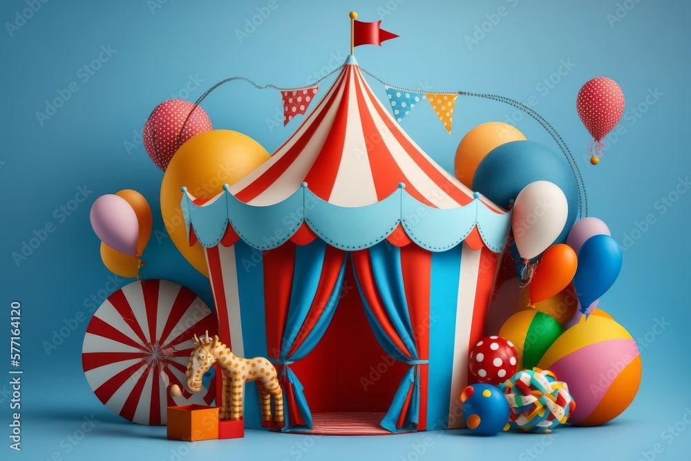 Circus tent with balloons and sweets on blue background. Generative AI Circus tent with balloons and sweets on blue background. Generative AI