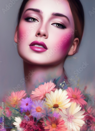Portrait of a beautiful woman, Digital painting of a beautiful girl, Digital illustration of a female face. Generative AI