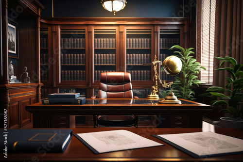 Luxurious and modern business lawyers office with table and lighting. Generative AI