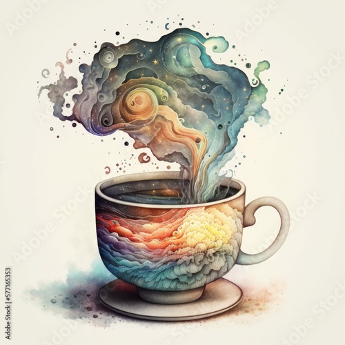 Brewed Beverage of Enlightenment, Vintage-Style Illustration of Psychedelic Aesthetic Rainbow Billowing Cup of Hot Liquid Drink [Generative AI]