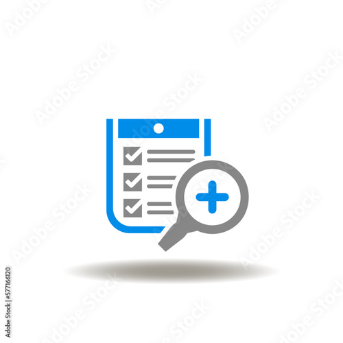 Vector illustration of check list and magnifier with cross. Icon of health check-up. Symbol of medical examination.