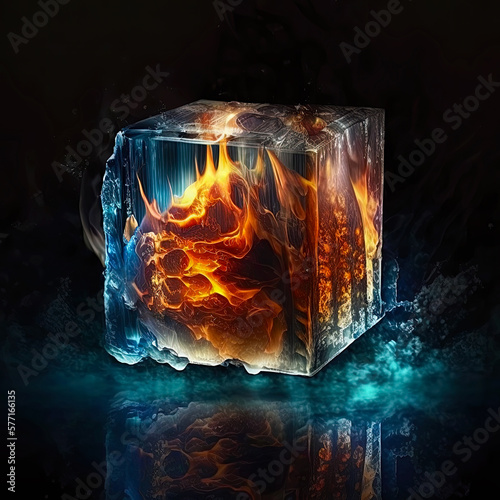 Conceptual image of an ice cube with fire or flames inside. abstract, creative, metaphoric and symbolic conceptual image. Ai generated art