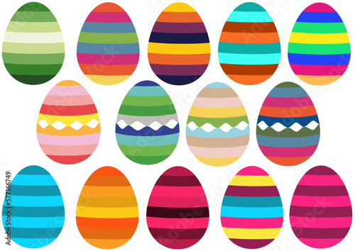 Big group of colorfull striped Easter eggs, set of decorative festive icons for greeting card, various colors