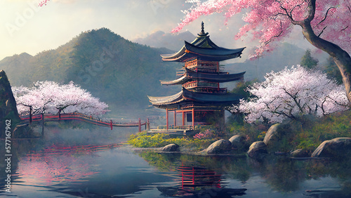 Fényképezés Japanese landscape in spring, mountains and blooming sakura, illustration, generative AI