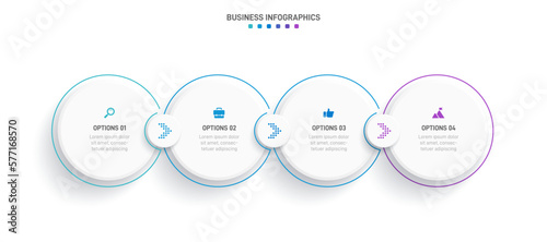Timeline infographic with infochart. Modern presentation template with 4 spets for business process. Website template on white background for concept modern design. Horizontal layout.