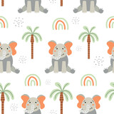 Seamless pattern with cute elephant and palm trees. African charming animal and plant in a flat style. Suitable for the design of children's textiles, wrapping paper, background. Cartoon vector.