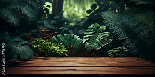 Jungle and wooden table background created with Generative AI