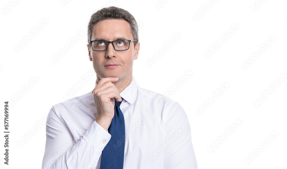 pondering man isolated on white with copy space on banner advertisement. pondering man pondering man isolated on white with copy space on banner advertisement. pondering man