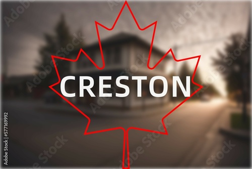 Creston: Der Name der kanadischen Stadt Creston in der Provinz British Columbia vor einem Foto mit dem kanadischen Ahornblatt photo
