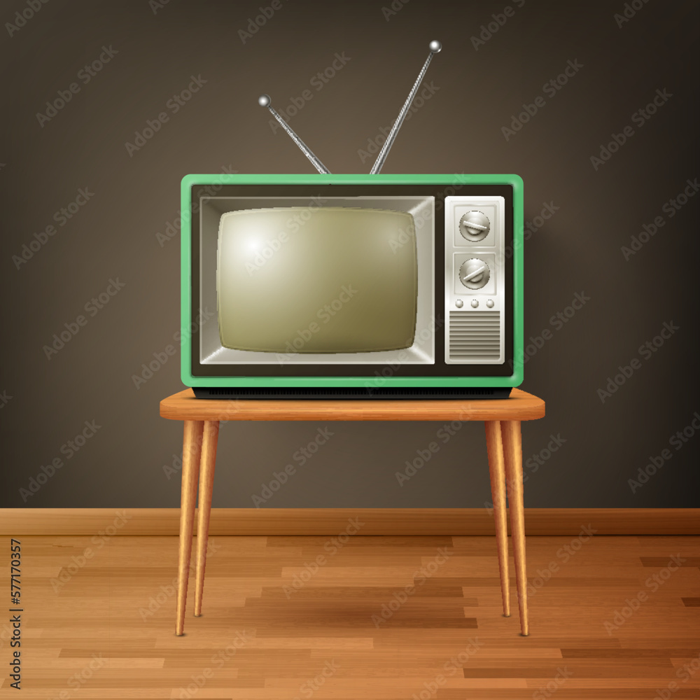 Vector 3d Realistic Retro TV Receiver on Wooden Floor. Home Interior Design Concept. Vintage TV Set, Television, Front View