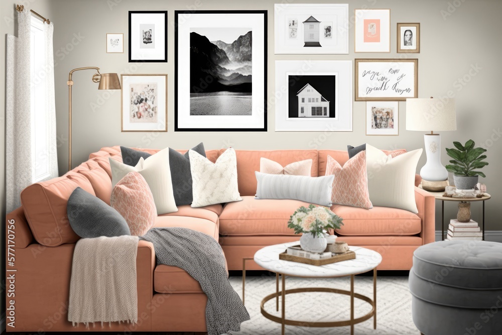 Fototapeta premium A cozy and inviting living room design in Bleached Coral featuring a comfortable sectional sofa and a gallery wall of family photos. Generative ai