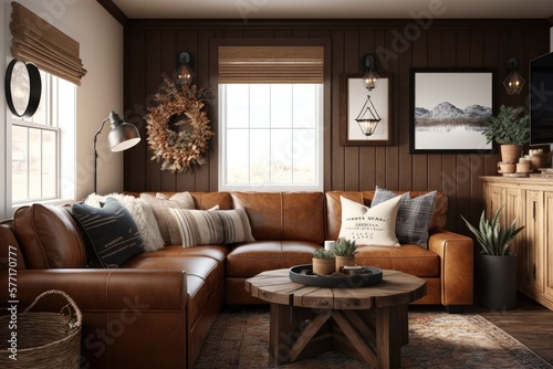 A cozy and rustic living room design in Brown Sugar featuring a leather sectional sofa, a wood coffee table, and warm, neutral accents. Generative ai