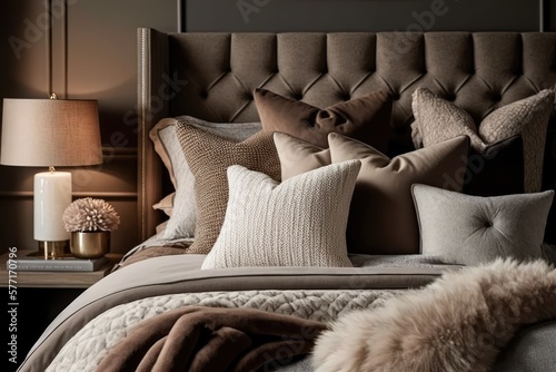 A cozy bedroom design in Warm Taupe featuring a plush upholstered headboard, warm wood accents, and a furry throw blanket. Generative ai