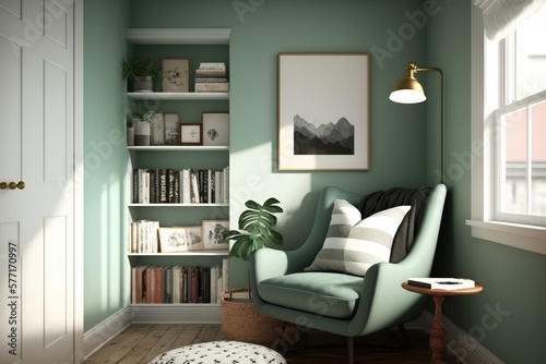 A serene and relaxing reading nook design in Biscay Green featuring a comfortable rocking chair and a wall-mounted bookshelf. Generative ai © MADMAT