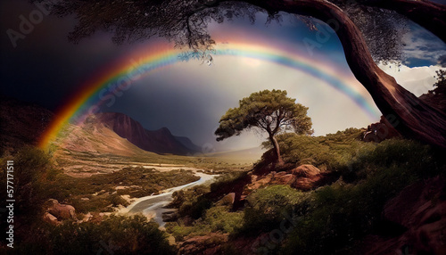 An image of a rainbow in the midst of a breathtaking natural setting, with its joyful and hopeful vibe generated by AI photo