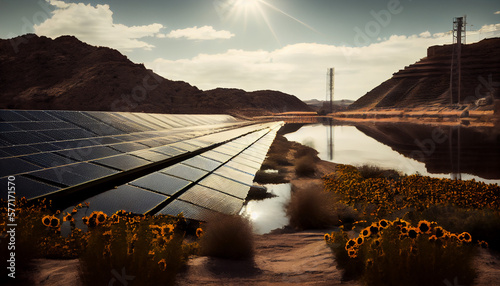An image of a sustainable energy source, such as a solar farm or hydropower dam generated by AI photo