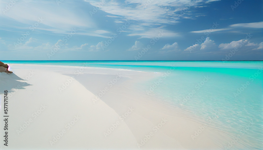 An image of a stunning beach, with crystal-clear water and soft, white sand generated by AI