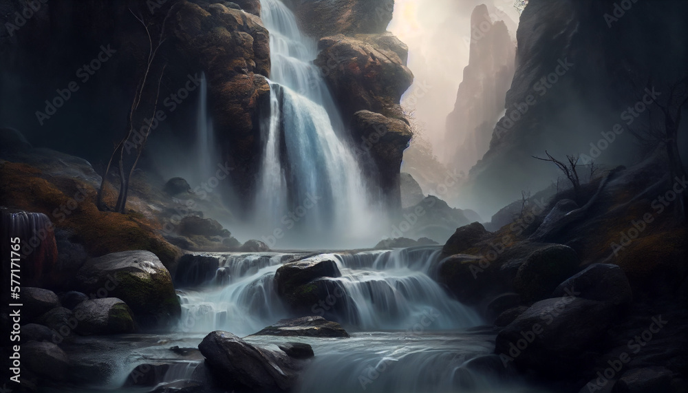 An image of a stunning waterfall, with water cascading over rocks and forming a gentle mist in the air generated by AI An image of a stunning waterfall, with water cascading over rocks and forming a gentle mist in the air generated by AI