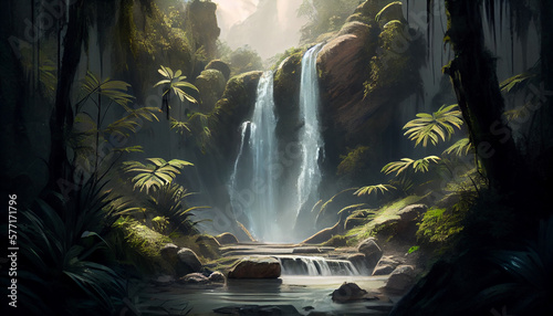 An image of a waterfall in a remote, unspoiled location, with lush vegetation all around generated by AI photo