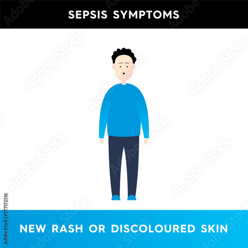 Vector illustration of a frightened man whose face is discolored due to an illness. A character with a pale complexion. Symptoms of sepsis. Illustration for medical articles.