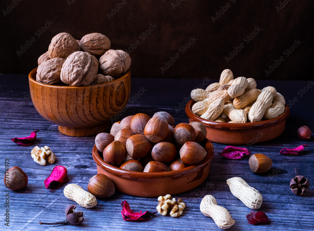 Set of nuts such as peanuts, hazelnuts and walnuts Set of nuts such as peanuts, hazelnuts and walnuts