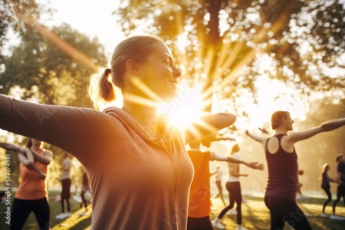 A group of people doing yoga on the grass in the park on a cool spring morning. photo