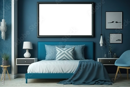 Mockup mit horizontalen Bilderrahmen im blauen Schlafzimmer als Hintergrund. Ideal als Präsentation für Produkte wie Poster, Gemälde, Leinwände oder Wandbilder. Leerer Rahmen für Fotos - KI generiert © Marco