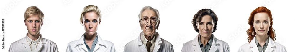 Set of isolated doctors, portrait front view - Fictional person, Generative AI Set of isolated doctors, portrait front view - Fictional person, Generative AI