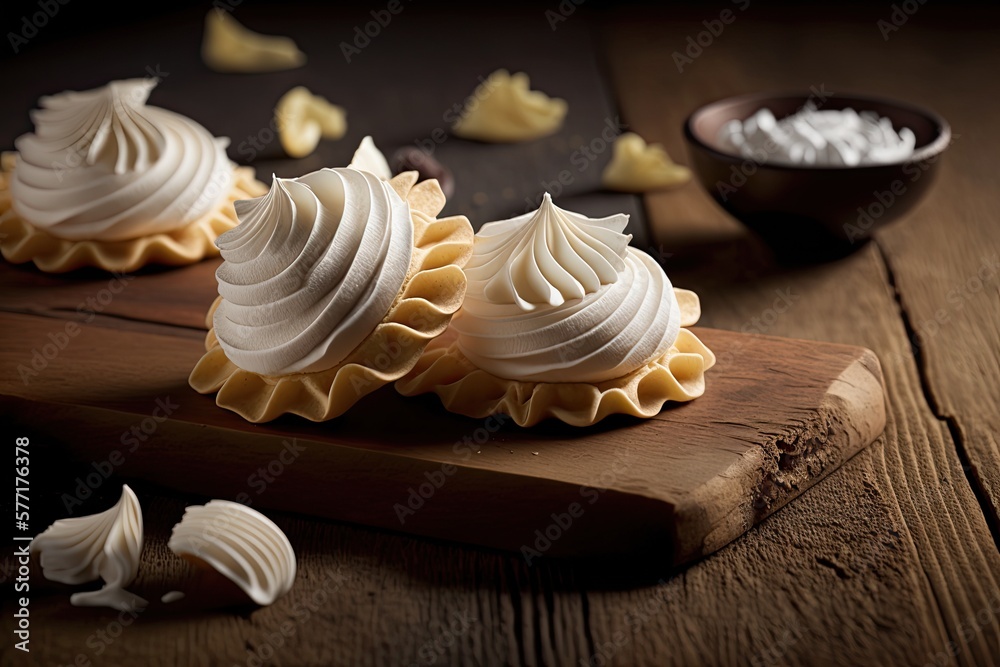 traditional french dessert meringue chips on wooden table, created with generative ai traditional french dessert meringue chips on wooden table, created with generative ai