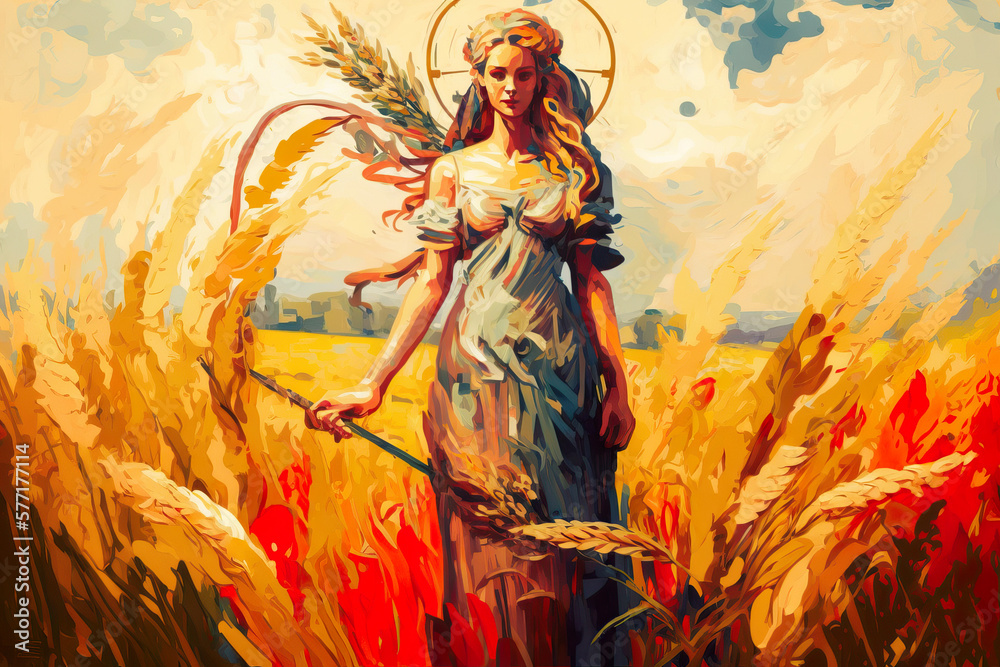Goddess of Fertility and Harvest Amidst Nature - Demeter's Image AI generative - obrazy, fototapety, plakaty 