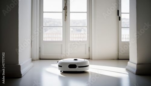 white automatic robot vacuum cleaner for cleaning and cleanliness of the house on the background of the interior of the room .Generative AI