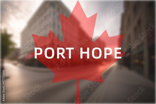 Port Hope: Der Name der kanadischen Stadt Port Hope in der Provinz Ontario vor einem Foto mit dem kanadischen Ahornblatt photo