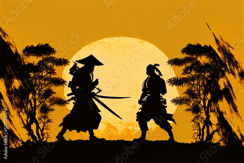 Generative AI Silhouette illustration of two samurai ready to fight with armour and sword in hand amidst the trees against the bright yellow sunset sky.