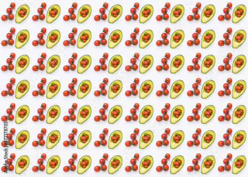 Fototapeta Naklejka Na Ścianę i Meble -  Pattern of baked egg with avocado and tomatoes.Design for wrapping paper or textile.