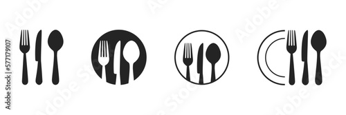 Set of fork, knife, spoon. Logotype menu. Set in flat style. Silhouette of cutlery. Vector