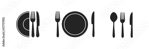 Set of fork, knife, spoon. Logotype menu. Set in flat style. Silhouette of cutlery. Vector